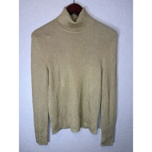 Lauren Ralph Lauren Women's Turtleneck Sweater Metallic Gold Ribbed Knit, Large
